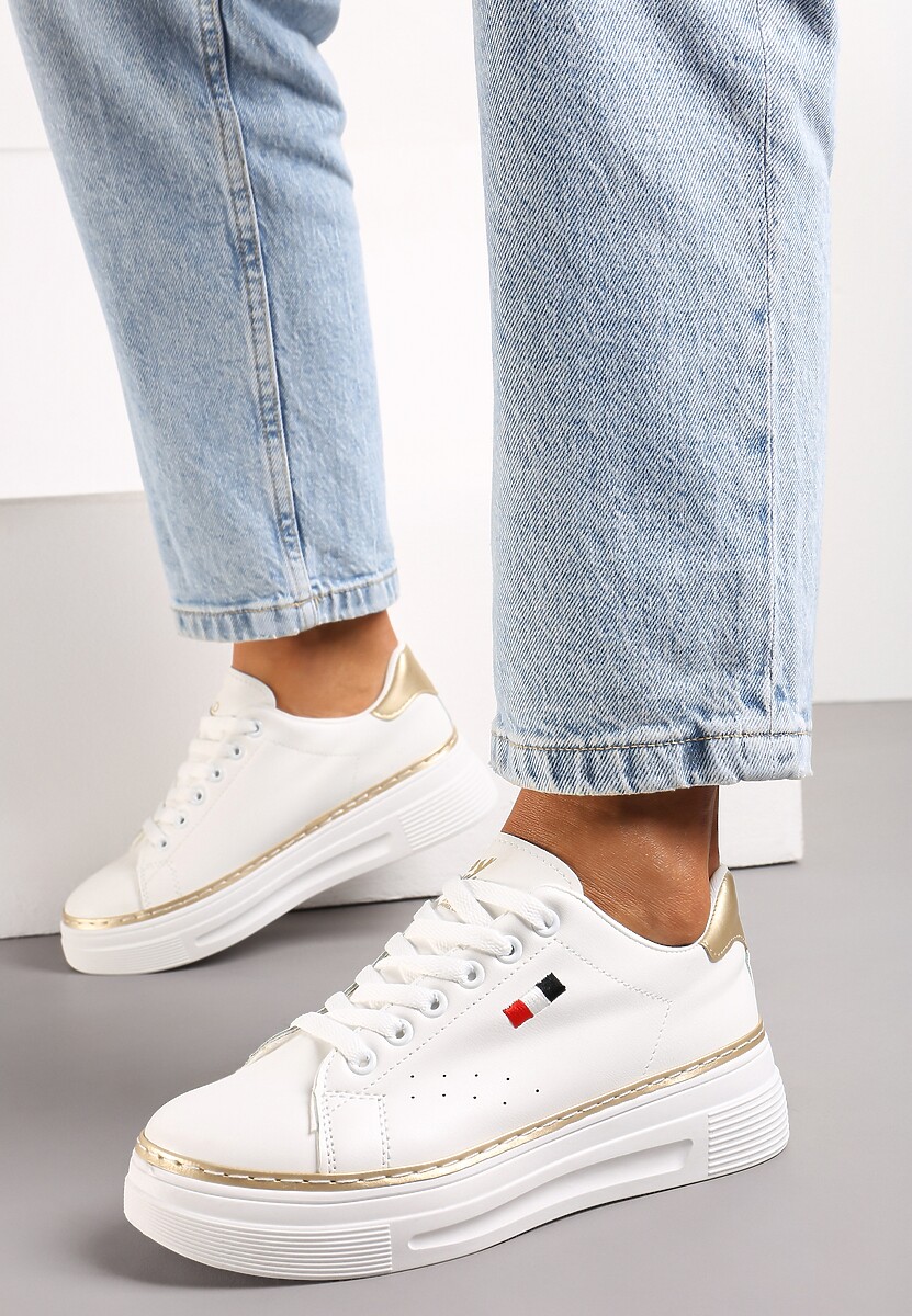 Biało-Złote Sneakersy na Platformie z Minimalistycznym Obszyciem Wokół Podeszwy Ansinrea