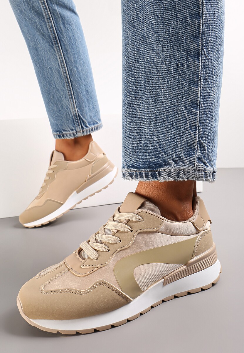 Ciemnobeżowe Sznurowane Sneakersy na Płaskiej Grubej Podeszwie z Przeszyciami Higvale