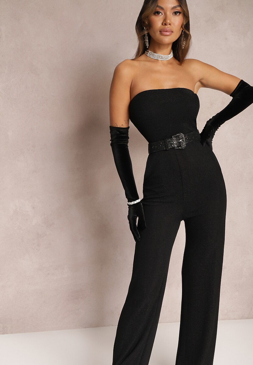 Czarny Taliowany Kombinezon z Błyszczącą Nicą Bez Rękawów Hevinia