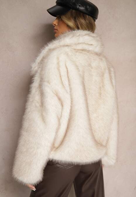 Jasnobeżowa Kurtka ze Sztucznego Futra Ozdobiona Kołnierzem Meriian