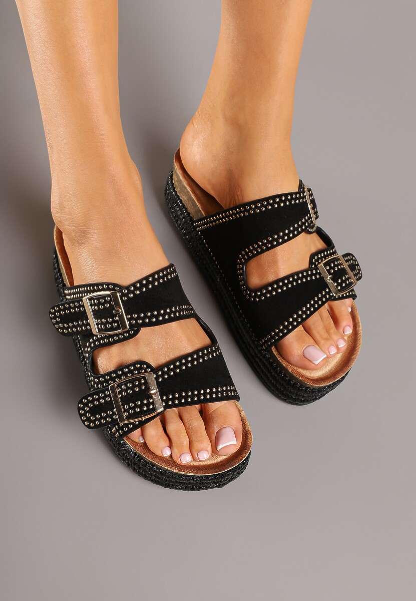 Czarne Klapki z Regulowanymi Paskami na Grubej Podeszwie z Plecionką Udiriva