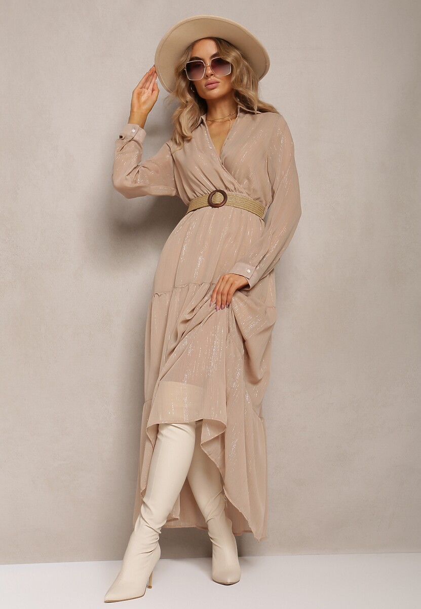 Beżowa Sukienka z Kopertowym Dekoltem i Plecionym Paskiem Velo