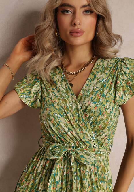 Zielona Rozkloszowana Sukienka z Gumką w Talii i Falbanką Samat