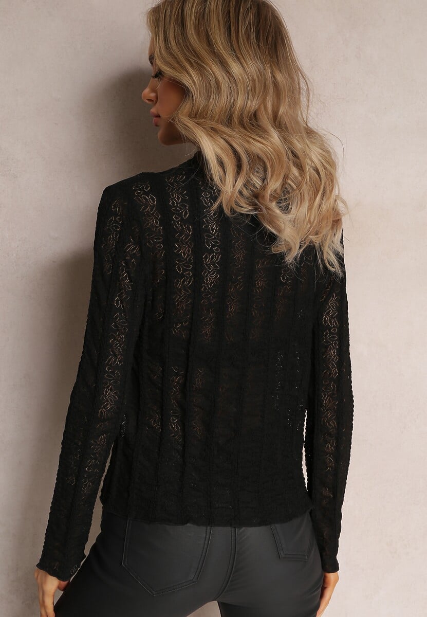 Czarna Bluzka z Ażurowymi Drobnymi Wycięciami Sophanne