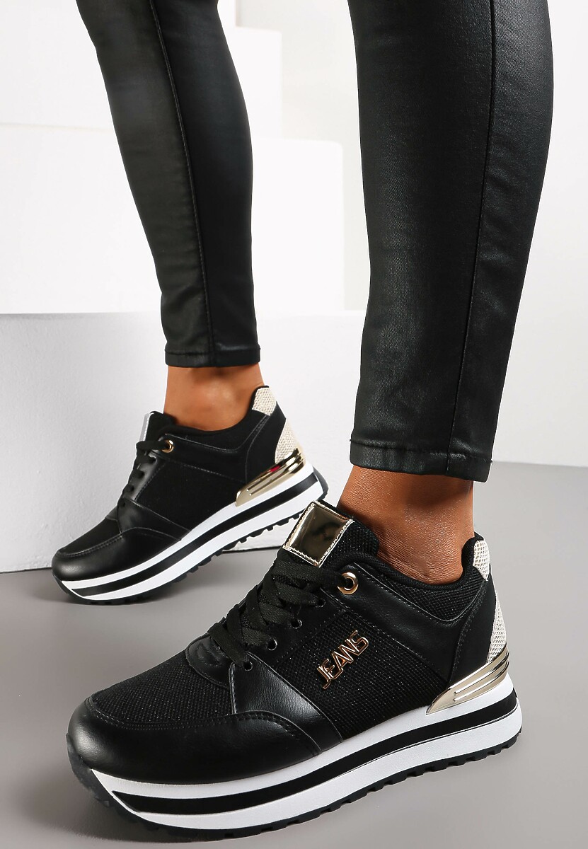 Czarne Brokatowe Sneakersy na Ozdobnej Podeszwie przed Kostkę Jariana