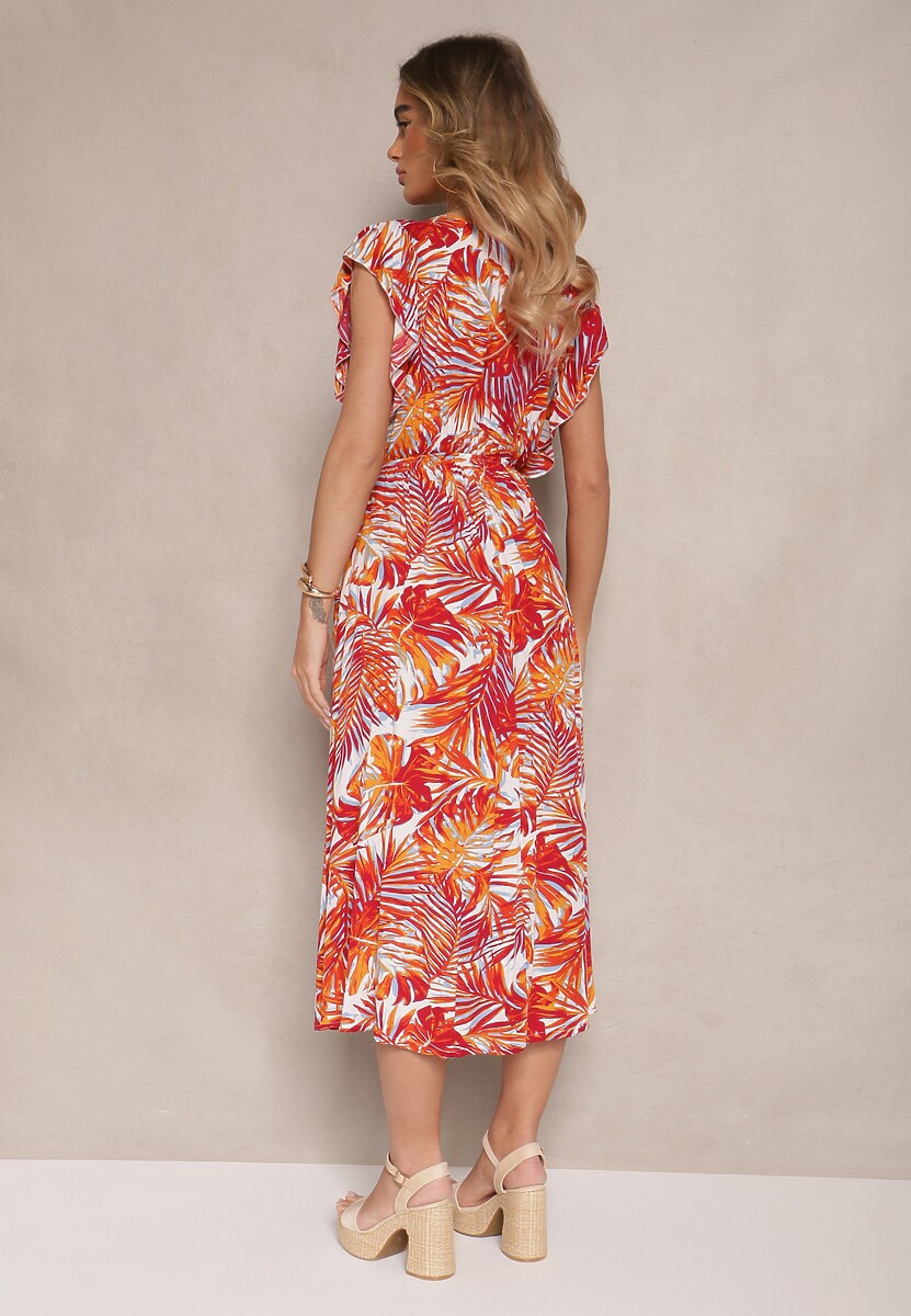 Pomarańczowa Sukienka o Rozkloszowanym Fasonie z Bawełny w Liście Lanadena