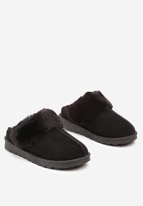 Czarne Płaskie Kapcie Ozdobione Futerkiem Avettria