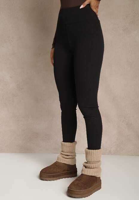 Czarne Legginsy z Prążkowanej Tkaniny z Szeroką Gumką w Pasie Lanoriae
