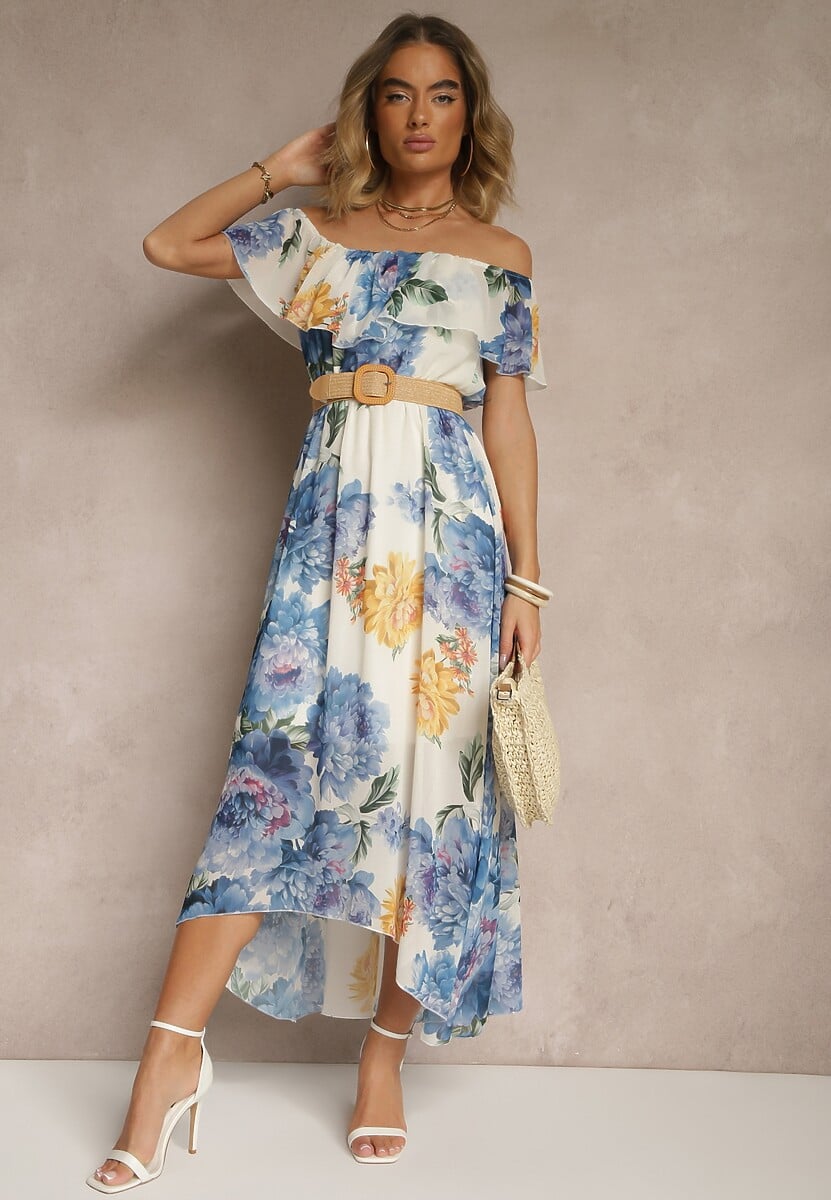 Niebieska Sukienka Hiszpanka z Kwiatowym Wzorem i Plecionym Paskiem Sadeene