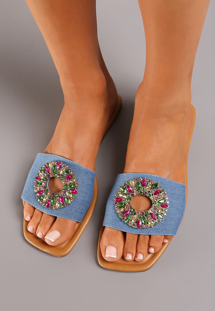 Niebieskie Klapki Ozdobione Okrągłą Blaszką z Kolorowymi Cyrkoniami Sidraka