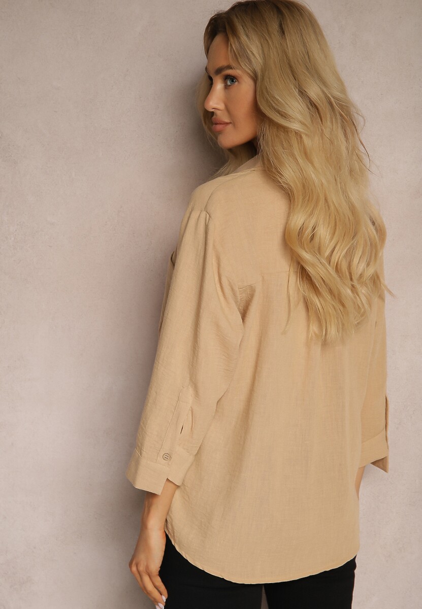 Beżowa Klasyczna Koszula Ozdobiona Kieszenią Zapinana na Guziki z Rękawem 3/4 Nestade
