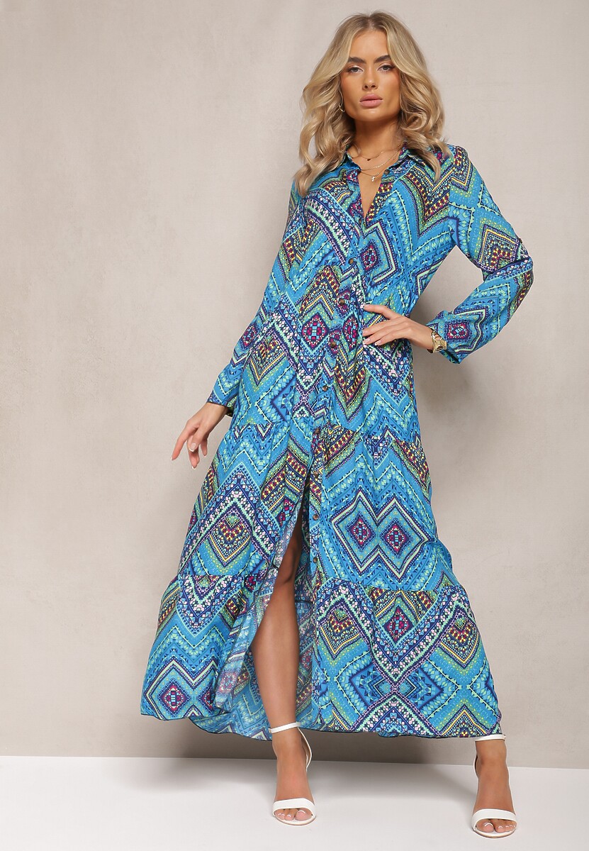 Niebieska Koszulowa Sukienka Boho z Podpinanymi Rękawami z Bawełny Otersa