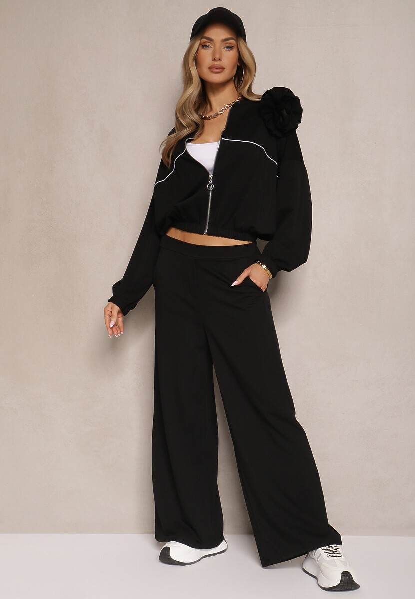 Czarny Komplet Dresowy z Wiskozą Spodnie o Szerokim Kroju i Bluza z Broszką Redaella
