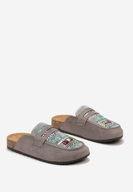 Szare Klapki Mule z Koralikami na Zakrytym Nosku Aserhia