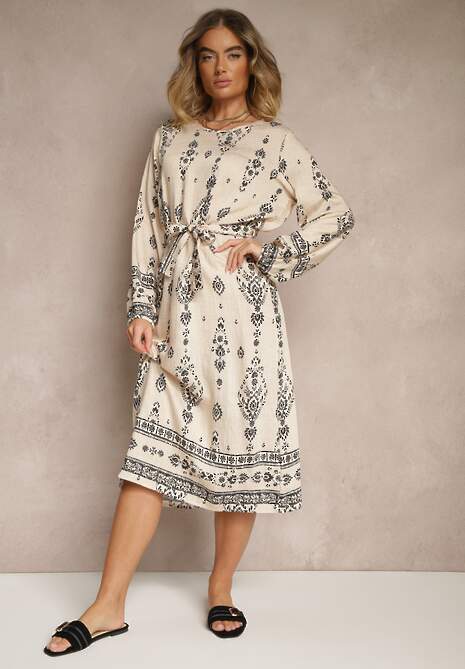 Jasnobeżowa Pudełkowa Sukienka Boho w Etniczne Wzory z Paskiem Lisalenea
