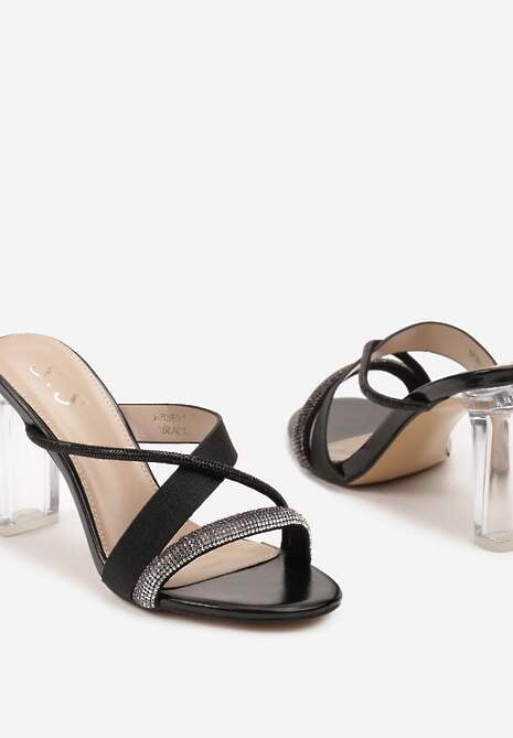 Czarne Klapki Ozdobione Brokatem i Cyrkoniami z Przezroczystym Obcasem Kavinia
