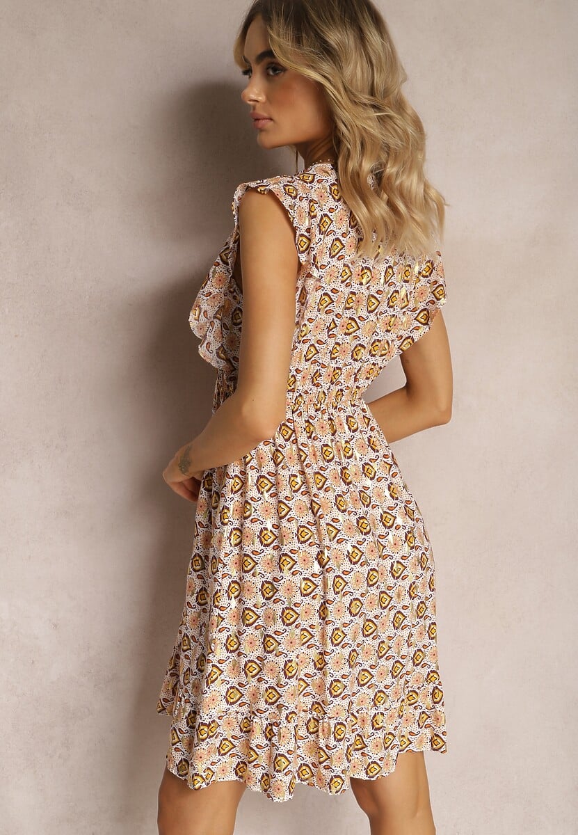 Beżowo-Żółta Sukienka z Gumką w Talii z Wiskozy w Abstrakcyjny Wzór Lianefa