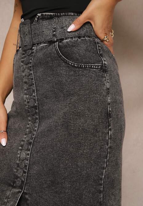 Czarna Jeansowa Spódnica Ołówkowa Midi z Guzikami i Rozcięciem Jackiesa