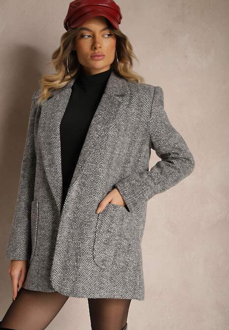 Czarno-Biała Marynarka Bez Zapięć Wyposażona w Poduszki w Ramionach i Kieszenie Avalira