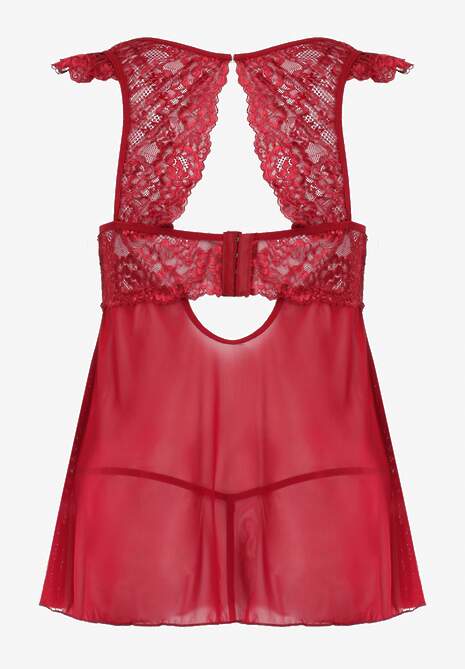 Bordowa Koronkowa Koszula Nocna Mini z Siateczki ze Stringami w Komplecie Tuala