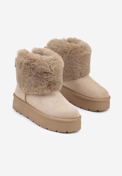 Ciemnobeżowe Śniegowce z Cholewką za Kostkę Ocieplane z Futerkiem i Małą Kokardą Reinedia