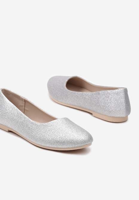 Srebrne  Brokatowe Balerinki na Płaskiej Podeszwie Uarneli