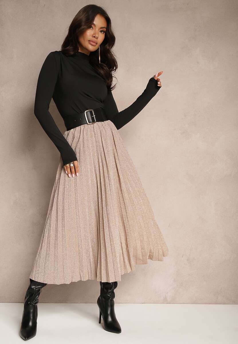 Beżowa Połyskująca Spódnica o Rozkloszowanym Kroju z Gumką w Pasie i Plisami Edalliana