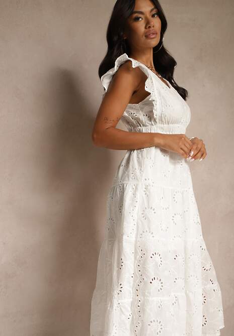 Biała Rozkloszowana Sukienka o Ażurowym Wykończeniu z Falbanką Melolia