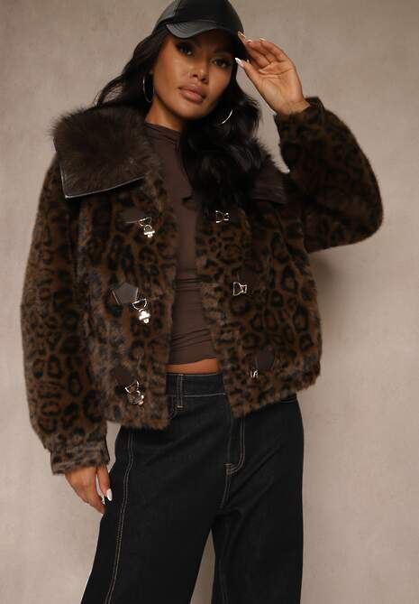 Brązowa Krótka Kurtka Futerko w Panterkę z Oryginalnym Zapięciem Otizana