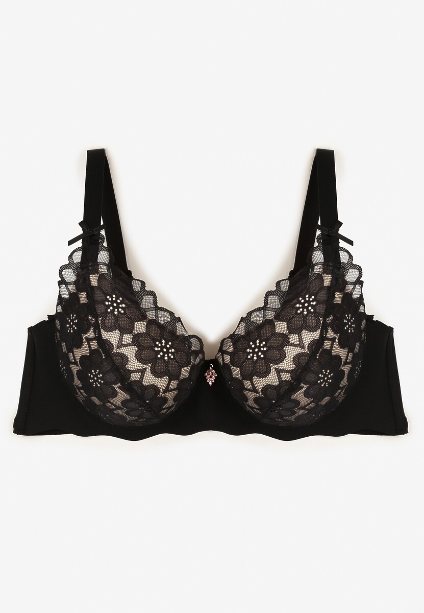 Czarno-Beżowy Biustonosz Ozdobiony Koronką na Ramiączkach z Regulacją Izafiria