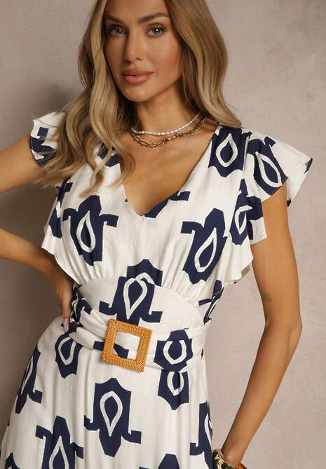 Biało-Granatowa Wiskozowa Sukienka w Geometryczny Wzór z Paskiem z Klamrą Viriala