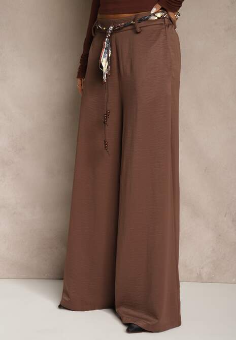 Brązowe Szerokie Spodnie z Paskiem w Stylu Wstążki Tussema