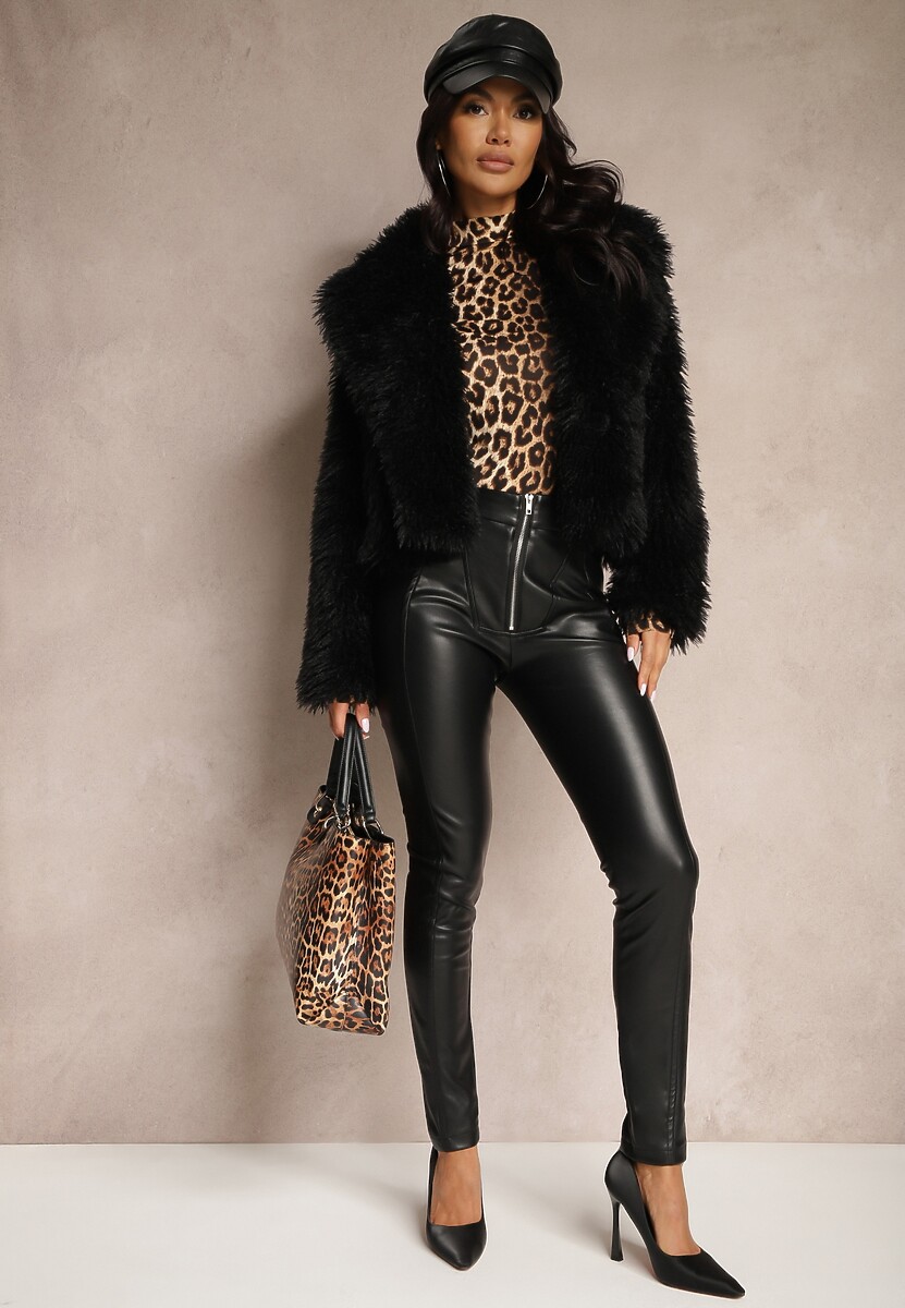 Czarne Spodnie High Waist z Ekoskóry z Ozdobnym Suwakiem i Ociepleniem Ilanilith