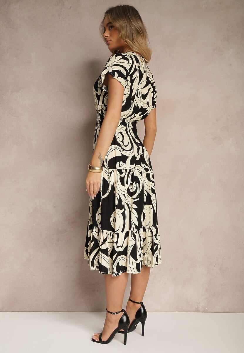 Czarna Bawełniana Sukienka z Abstrakcyjnym Motywem i Guzikami Talivea