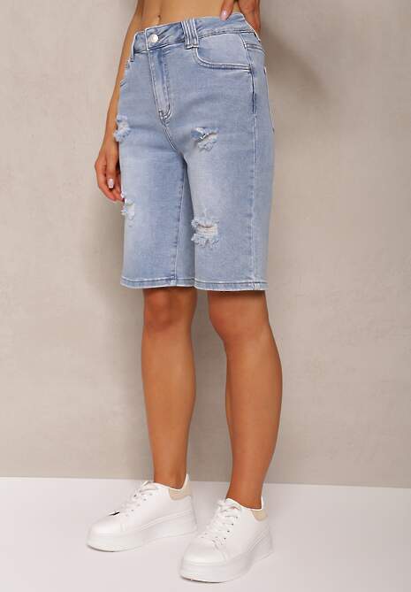 Jasnoniebieskie Szorty Jeansowe High Waist z Bawełny z Przetarciami Nelsandra