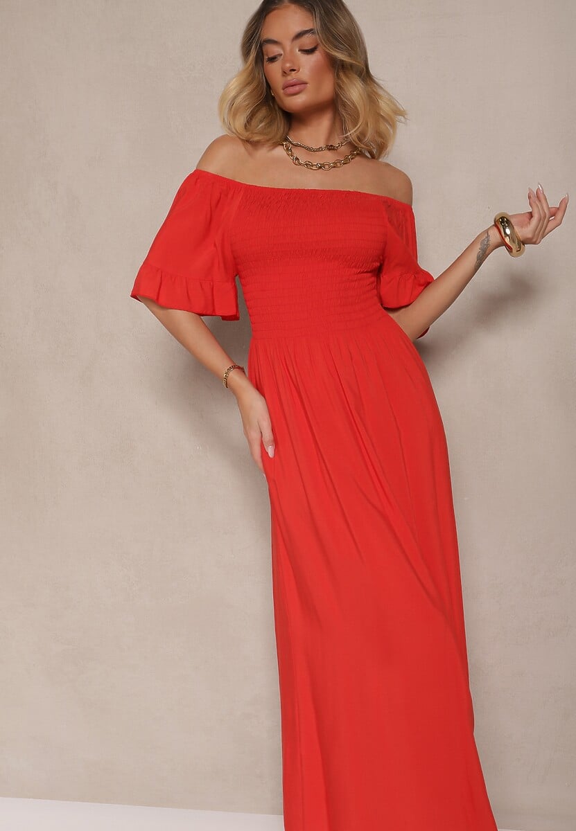 Czerwona Rozkloszowana Sukienka Hiszpanka z Bawełny z Elastyczną Górą Maissa