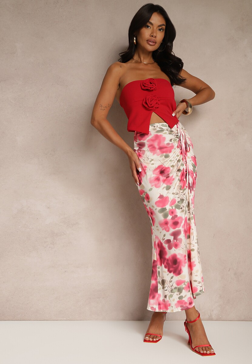 Fuksjowa Marszczona Spódnica Kwiatowa Ozdobiona Rozcięciem na Nogę Ateralene