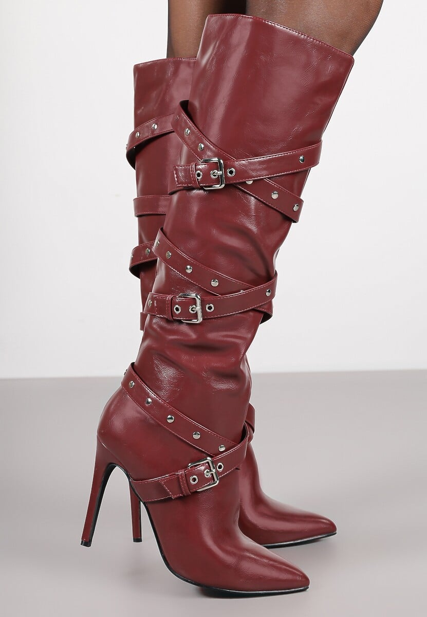 Bordowo-Czerwone Kozaki Bikery na Szpilce z Klamrami i Paskami Jurisse