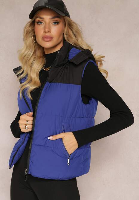 Granatowa Kamizelka Zapinana na Suwak z Kapturem i Kieszeniami Nahom