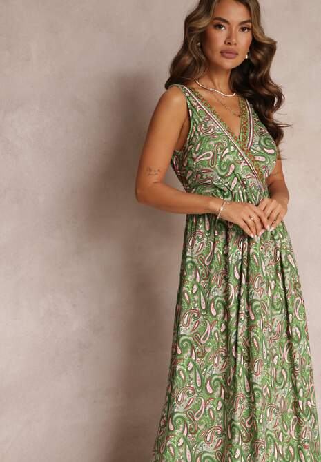 Zielona Wiskozowa Sukienka Paisley Maxi z Głębokim Dekoltem Shinne