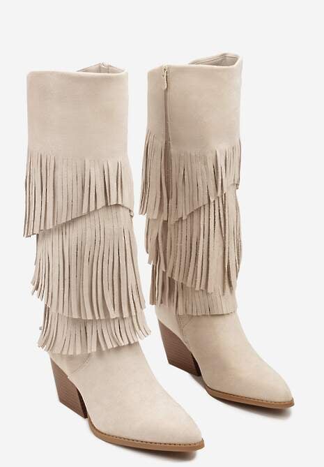 Beżowe Kozaki Kowbojki na Stożku Ozdobione Frędzlami Giolanda