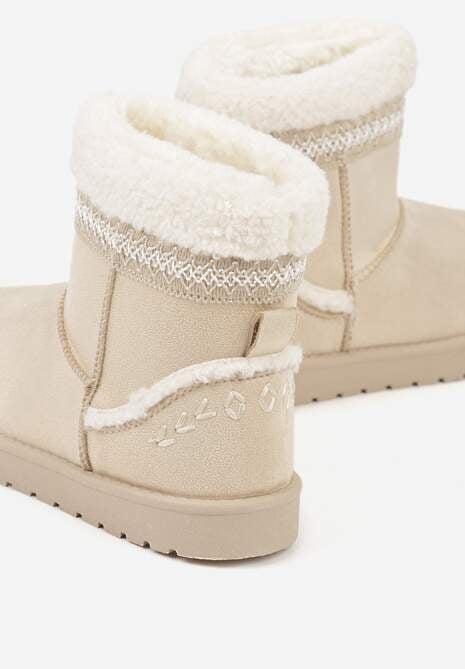 Beżowe Śniegowce o Wsuwanym Fasonie z Haftem i Futrem przy Cholewce Mevinadia