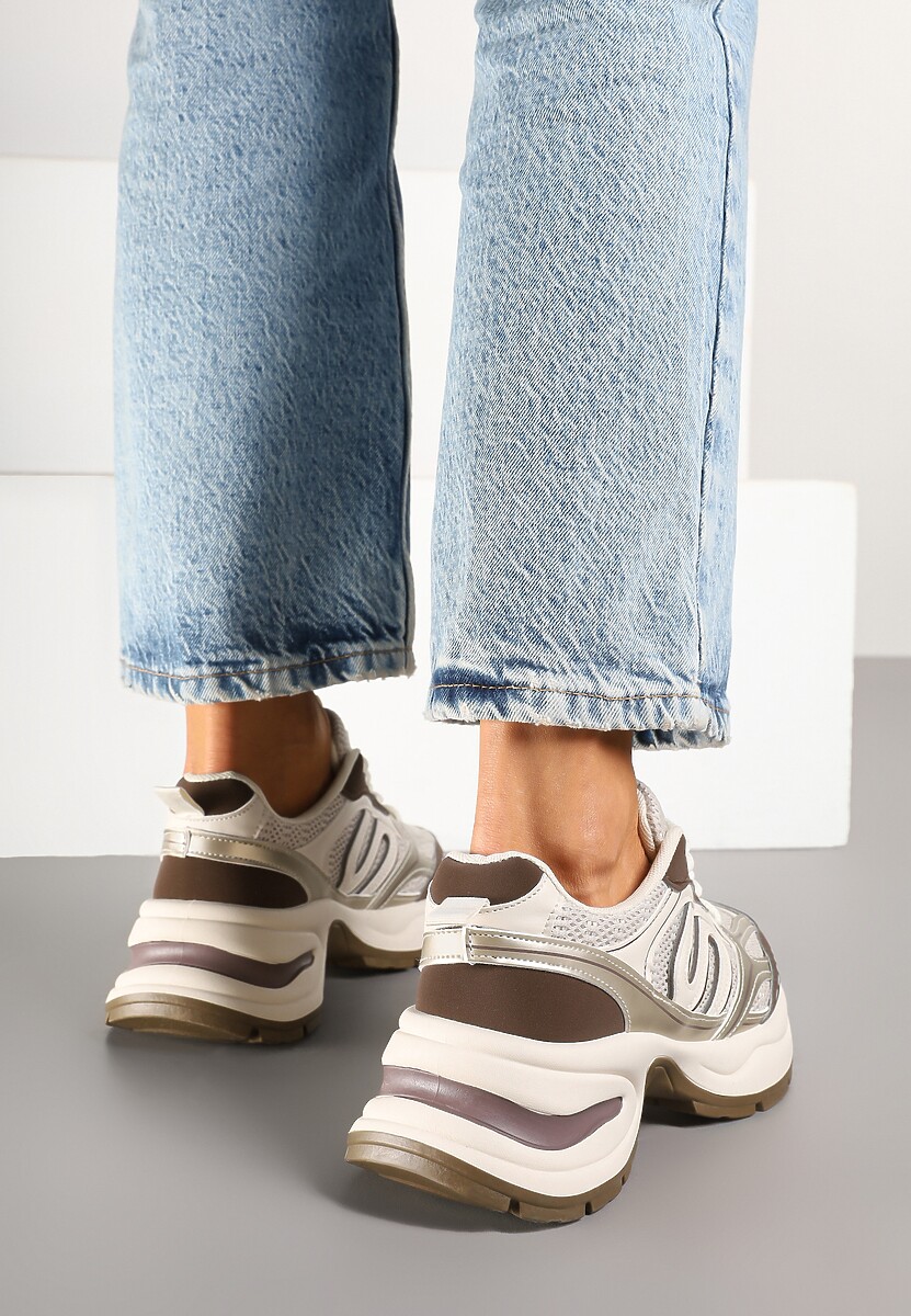 Beżowo-Brązowe Sneakersy na Platformie z Tłoczeniem z Geometrycznym Motywem Delothiel