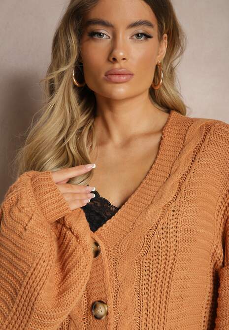 Ciemnobeżowy Kardigan z Dodatkiem Wiskozy Wykończony Guzikami Tłoczeniem i Ściągaczem Fizora