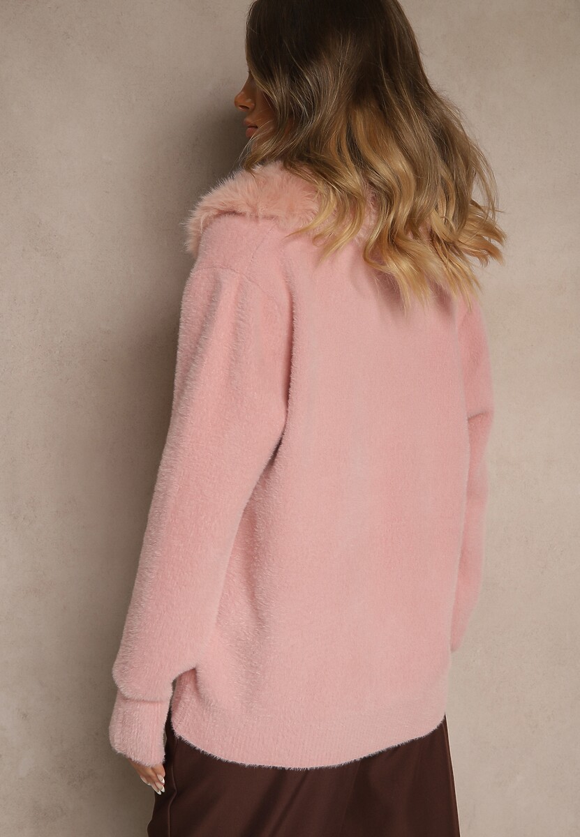 Różowy Zasuwany Kardigan z Wełną z Futerkowym Kołnierzem Asiste
