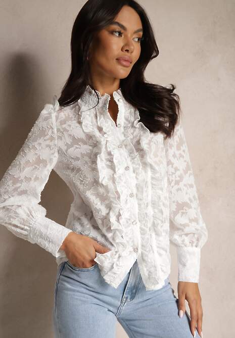 Biała Koronkowa Koszula Zdobiona Biżuteryjnymi Guzikami Lormi