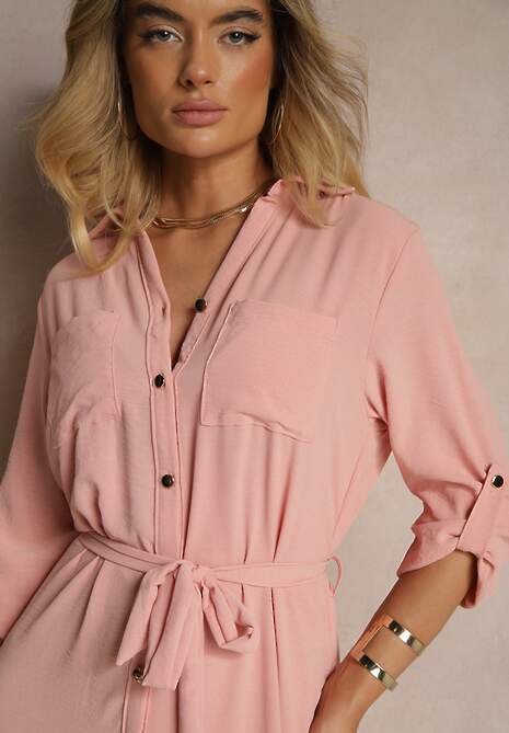 Różowa Sukienka Koszulowa Ozdobiona Paskiem Vivirielle