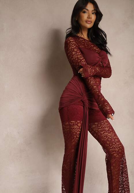 Bordowy Komplet z Koronki Zdobiony Trenem Spodnie o Szerokim Kroju i Bluzka Longsleeve Feladi