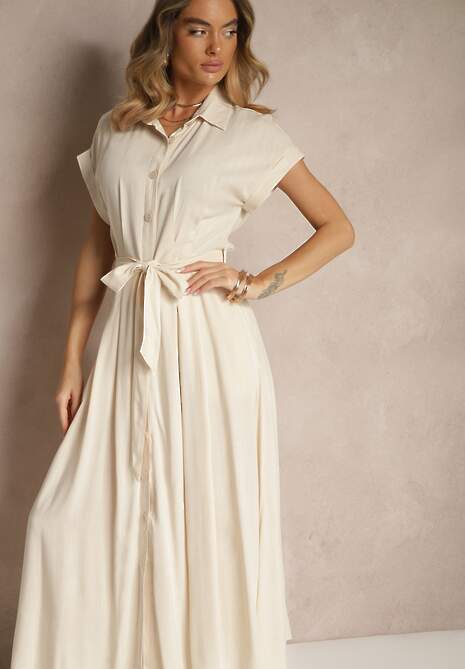 Beżowa Koszulowa Sukienka z Wiskozy z Paskiem Rinaira