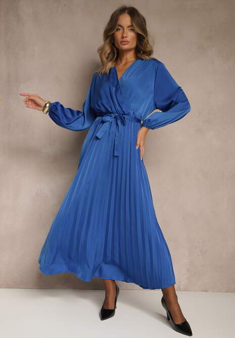 Niebieska Maxi Sukienka z Plisowanym Dołem i Kopertowym Dekoltem Basila
